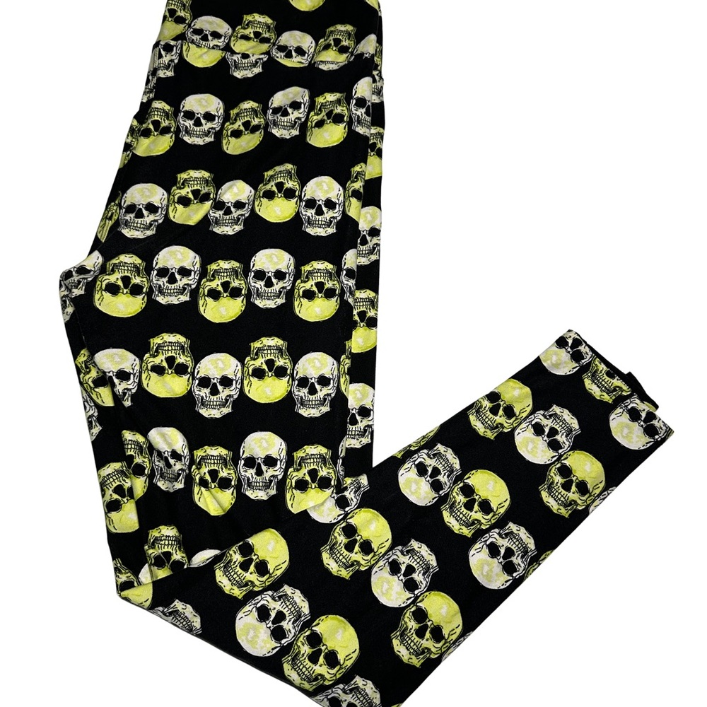 LuLaRoe Black Leggings with Yellow & White Skull Print